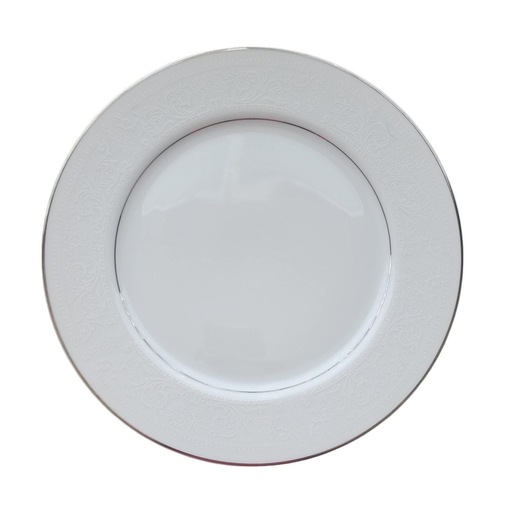 VTG Salem China Dinner Plates Set of 4 10.5" White Silver Trim Floral Embossed